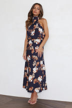 Satin Floral Print Halter Neck Cowl Neck Two Piece Set