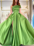 One-shoulder Satin Sequined Slit Maxi Dress