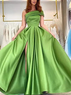 One-shoulder Satin Sequined Slit Maxi Dress