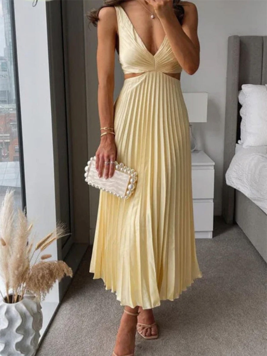 V-neck Sleeveless Open Back Pleated Long Dress