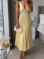 V-neck Sleeveless Open Back Pleated Long Dress