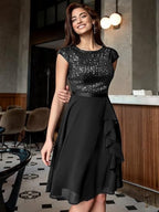 Crew Neck Sequins Chiffon Splicing Evening Dress Mini&Short Dresses