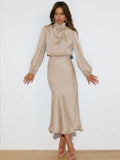 Satin Long Sleeve Zipper Solid Color Maxi Dresses