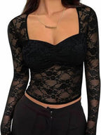 Lace See-through Square Neckline And Fitted Waist Long-sleeved T-shirt