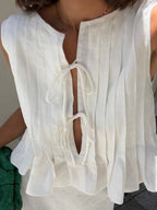 Cotton And Linen Straps Pleated Tank Tops