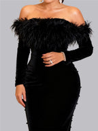 Feather Pearl Off Shoulder Hip-hugging Maxi Dresses