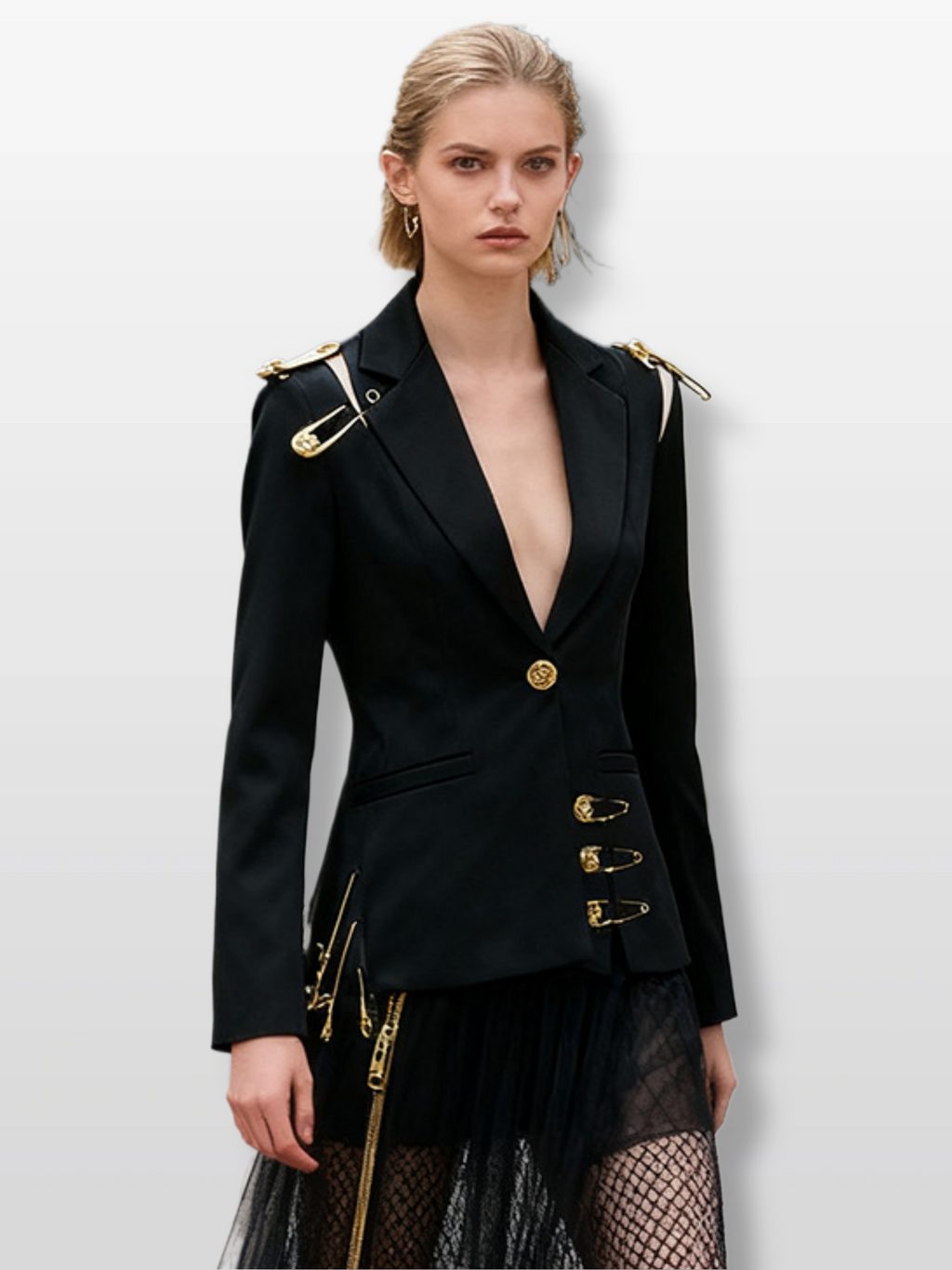 Large Safety Pin Decoration Long-sleeved Fitted Blazers