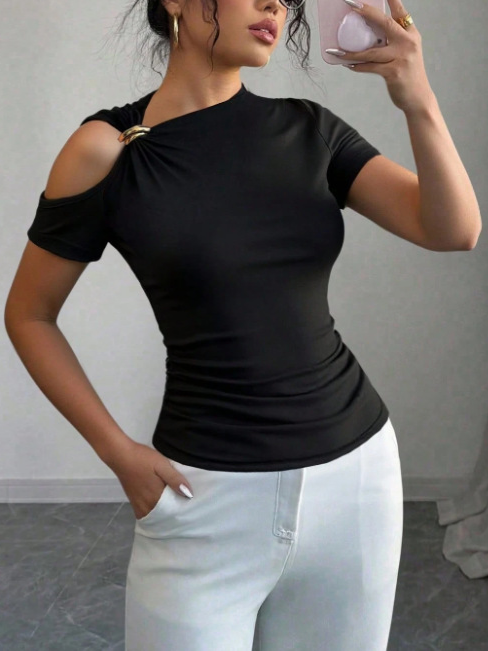 Asymmetrical Neckline, One-shoulder, Metallic Embellishment, Slim-fitting T-shirt