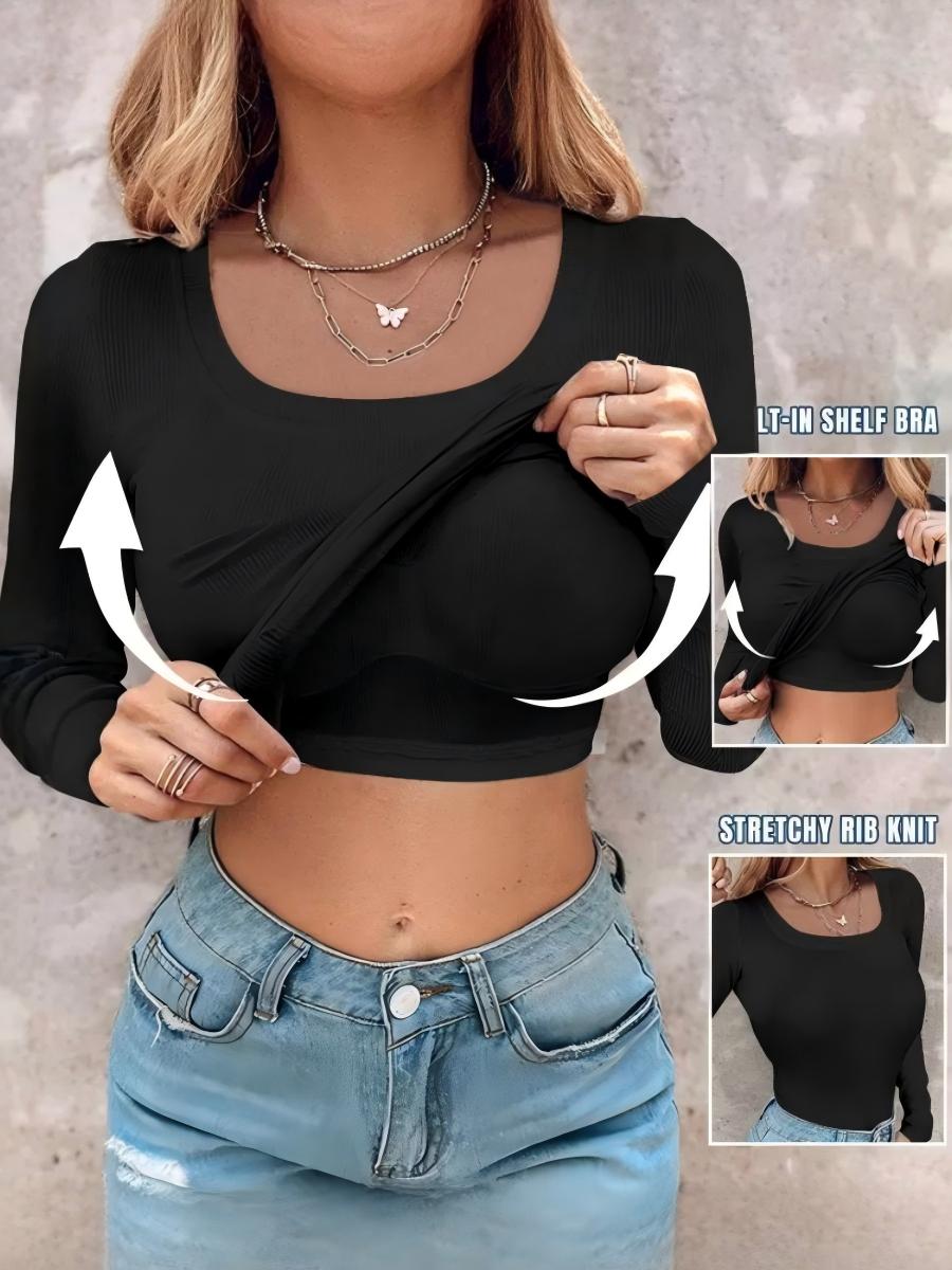 With Bra U-neck Thread Solid Color Long Sleeve T-shirts