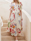 Printed Buttons Shirt Dress Vacation Maxi Dresses