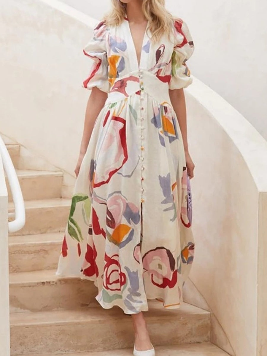 Printed Buttons Shirt Dress Vacation Maxi Dresses