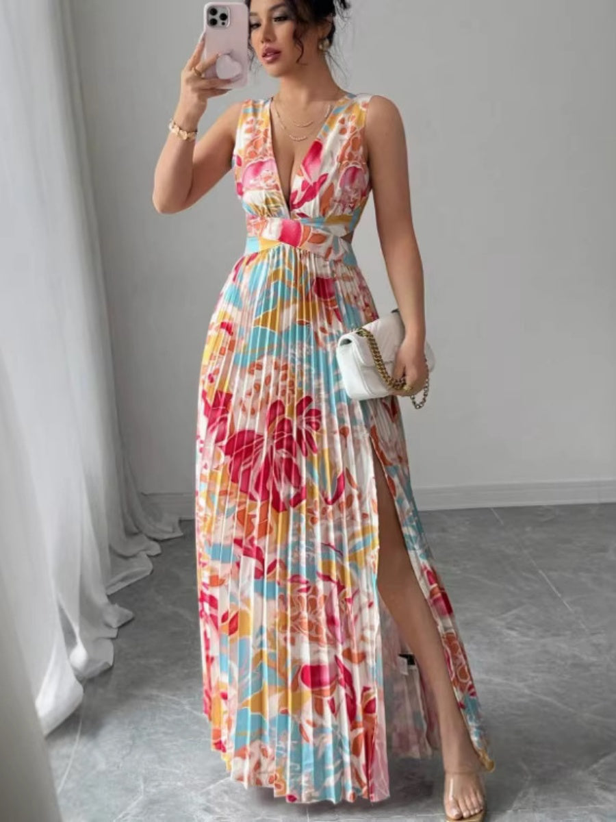 Sexy Deep V-neck Sleeveless Floral Print Maxi Dress With Slit Hem And Pleats