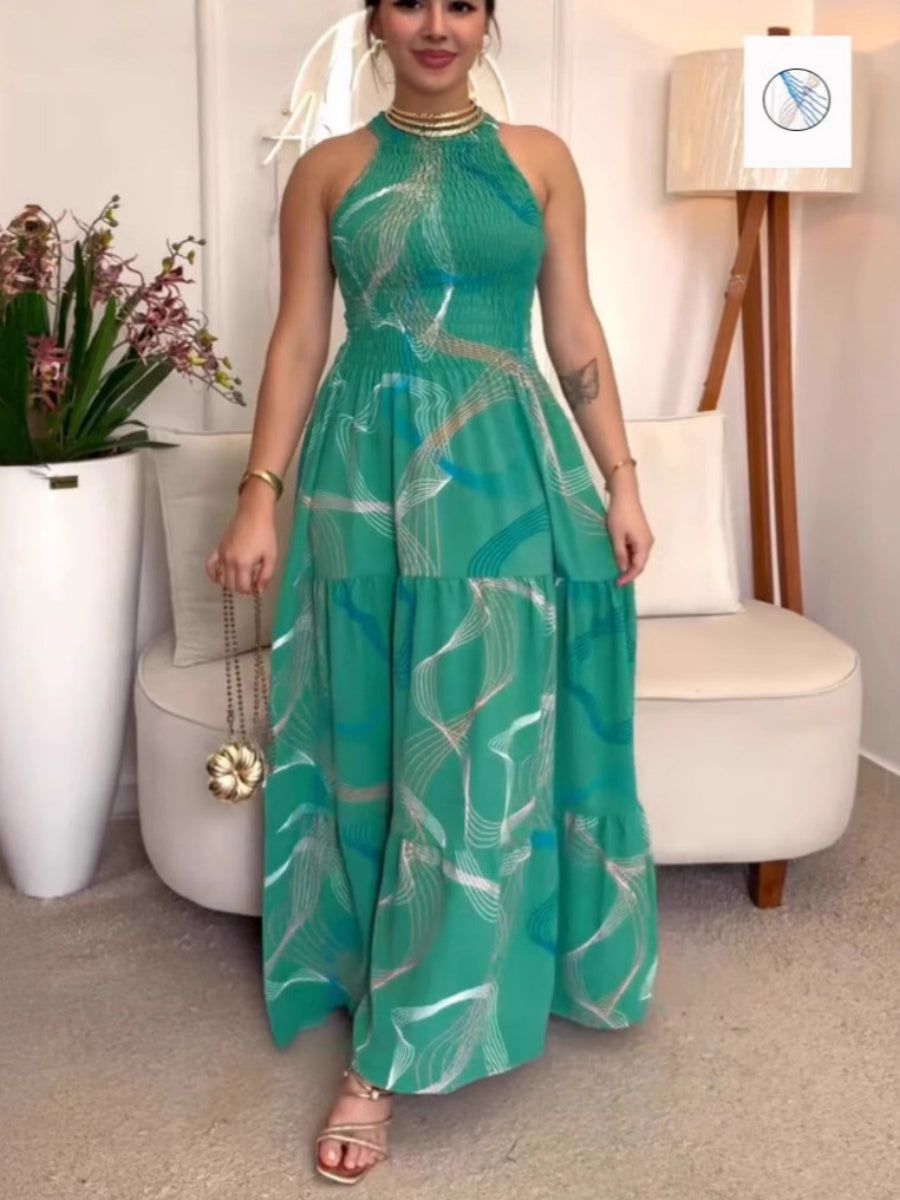 Printed Halter Waist Vacation Temperament Maxi Dresses