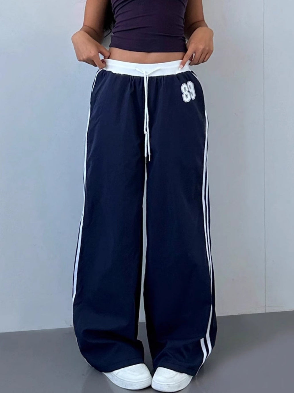 Striped Color Blocking Elastic Waistband Lace Up Pants