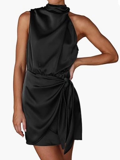 Satin Belted Sleeveless Stand Collar Tie Waist Short Dress