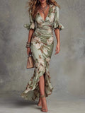 V-neck Slim-fit Printed Ruffle Long Dress