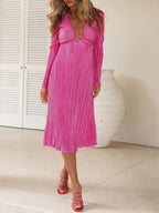 Lace-Up Plunging V-Neck Pleated Long Sleeve Empire Midi Dress