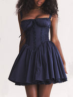 Lace Trim Corset Lace Up Ruched Bust Flared Mini Dress