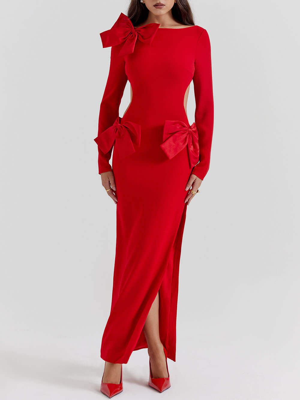 Boat Neck Long Sleeve Oversized Bow Accent Side Waist Cut Out High Slit Maxi Dress