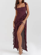 Ruffle Strap Side Slit Cascading Ruffle Hem Maxi Dress