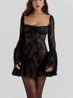 Floral Lace Square Neck Tie Front Bell Sleeve Corset Bodice Mini Dress
