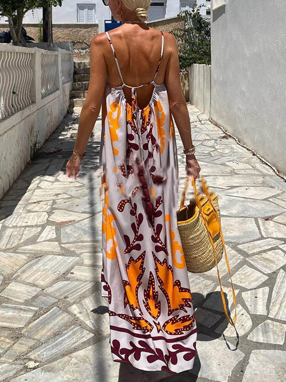 Spaghetti Strap Abstract Scroll Print Swing A-Line Maxi Dress