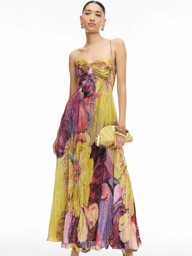 Bustier Cut Out Sweetheart Pleated Abstract Floral Maxi Dress
