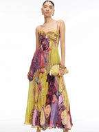 Bustier Cut Out Sweetheart Pleated Abstract Floral Maxi Dress