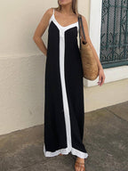 Deep V Neck Spaghetti Strap Contrast Panel Floor Length Slip Maxi Dress