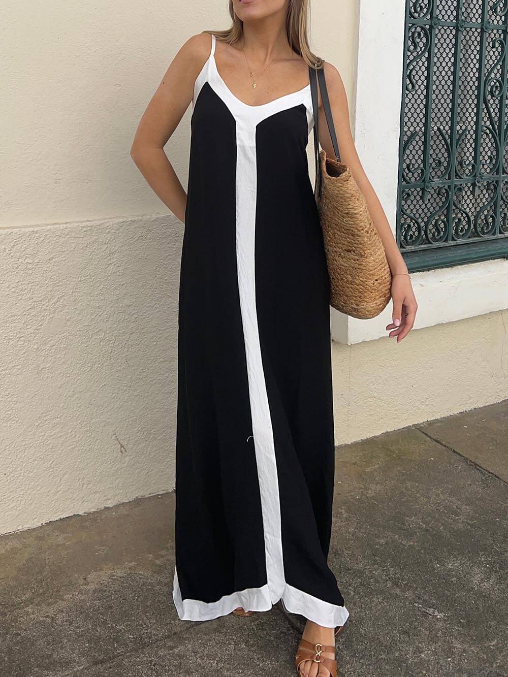 Deep V Neck Spaghetti Strap Contrast Panel Floor Length Slip Maxi Dress