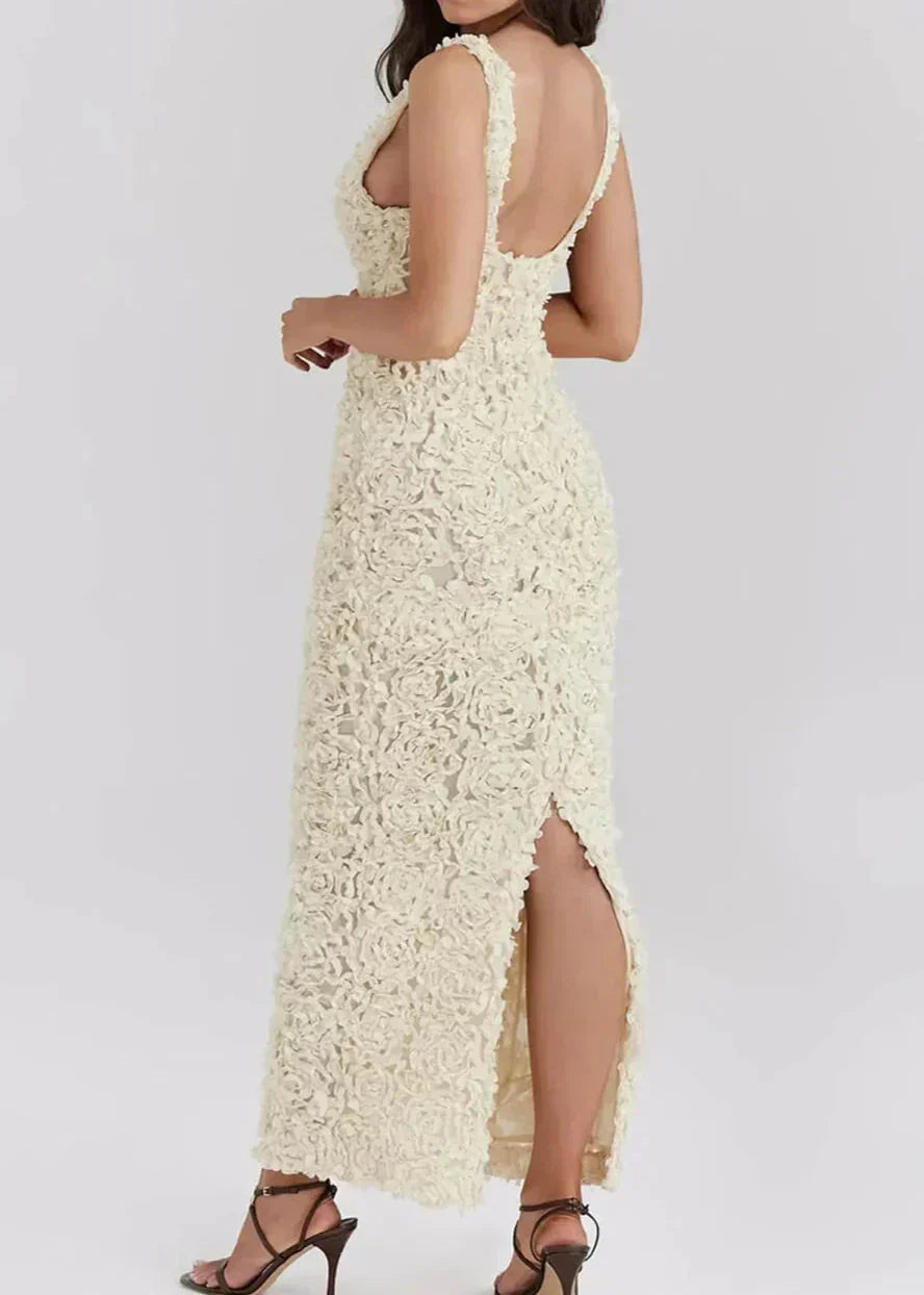 Plunging Neck 3D Petal Applique Bodycon Midi Dress