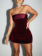 Satin Band Strapless Velvet Panel Bodycon Mini Dress