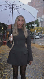 Mock Neck Bell Sleeve Pocket Flap Structured A-Line Mini Dress
