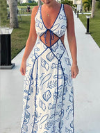 Nautical Seashell Print Tie Front Cut Out Waist Maxi Dress