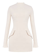 Mock Neck Long Sleeve Princess Seam Hip Flap Pocket Mini Dress