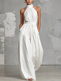 Waist-cinching Halter Neck Tie-up Pleated Jumpsuit