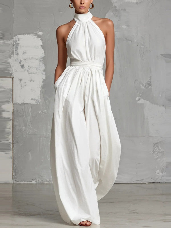 Waist-cinching Halter Neck Tie-up Pleated Jumpsuit