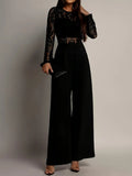 Lace Stitching Perspective Long Sleeve Wide Leg Jumpsuits