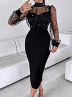 Black Knitting Gauze Lace-trimmed Bodycon Top Midi Dresses