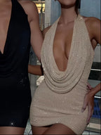 Halter Neck Backless Swing Collar Draped Collar Hip-hugging Backless Hot Diamond Short Dress For Cocktail Party