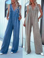 Denim Washed V-neck Sleeveless Loose-fit Jumpsuits