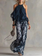 Sleeveless Camisoles Jacket Printed Loose-fit Leggings Chiffon Set 2-piece Sets