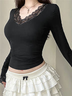 Lace Trim V-neck Long Sleeve Slimming Crop Top