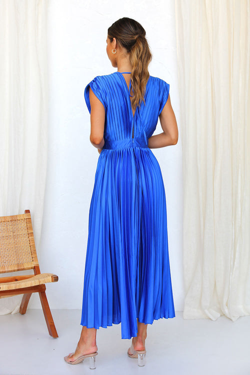 Pleated Satin Deep V-Neck Cap Sleeve Cinched Waist A-Line Midi Dress