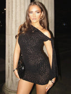 Lace Mesh Sloping Shoulders Slim Fit Hip Body Mini&Short Dresses
