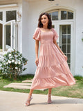 Square Neck, Backless, Puff Sleeve, Pleated Short-sleeved Long Dress