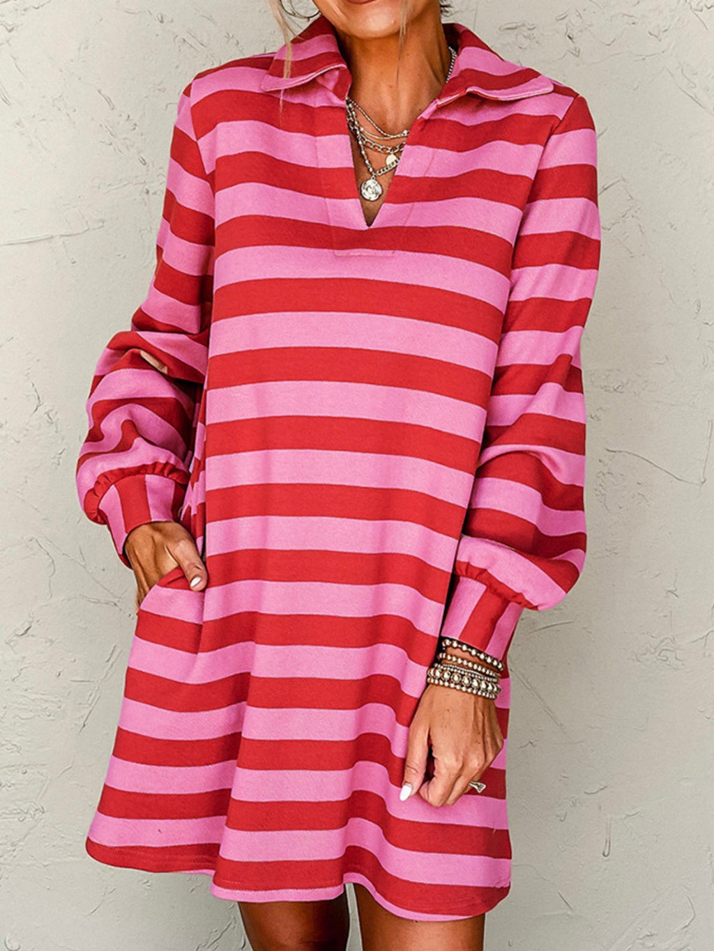 Stripes Color Matching Polo Collar Pocket Long-sleeved Midi Dress