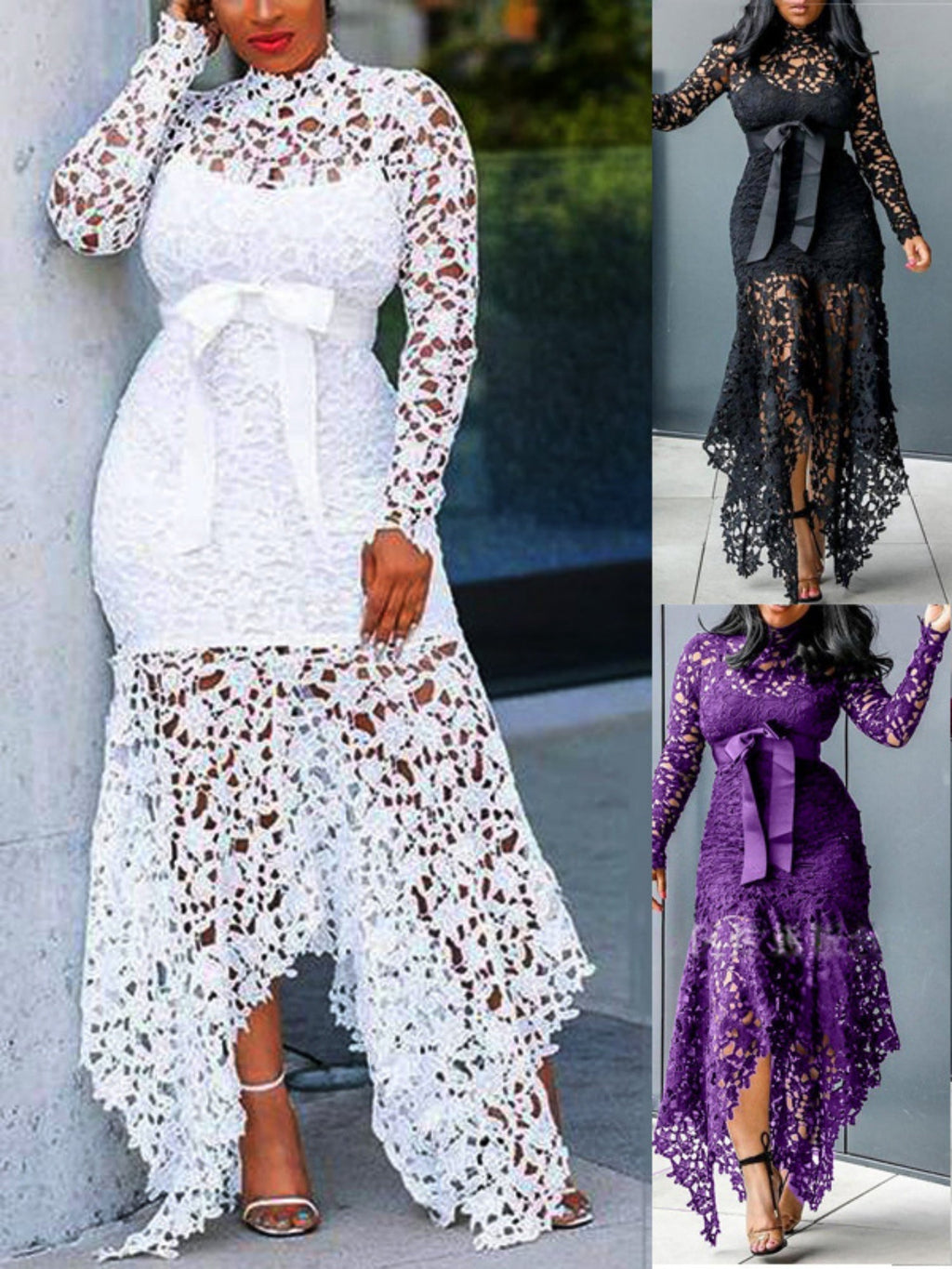 Lace Cutout Lace Up Stand-up Collar Long Sleeves Maxi Dresses