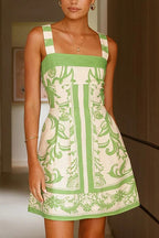 Ornamental Print Square Neck Wide Strap A-Line Mini Dress