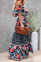 Off Shoulder Ruffle Bardot Tiered Sash Tie Tropical Floral Maxi Dress
